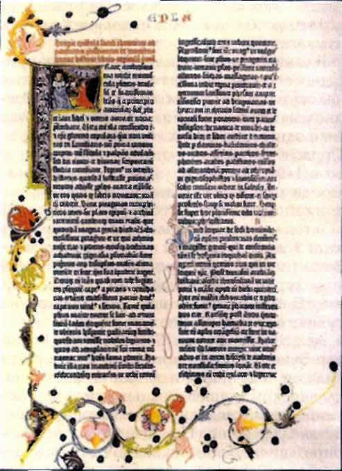 Страница из Библии — первого печатного произведения Гутенберга. Майнц, около 1454 года.
