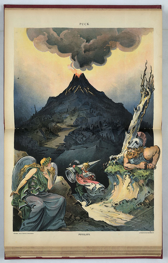 «Тщета»: царь пытается поднять заглушку («мирную конференцию») на вершину, чтобы закрыть вулкан войны